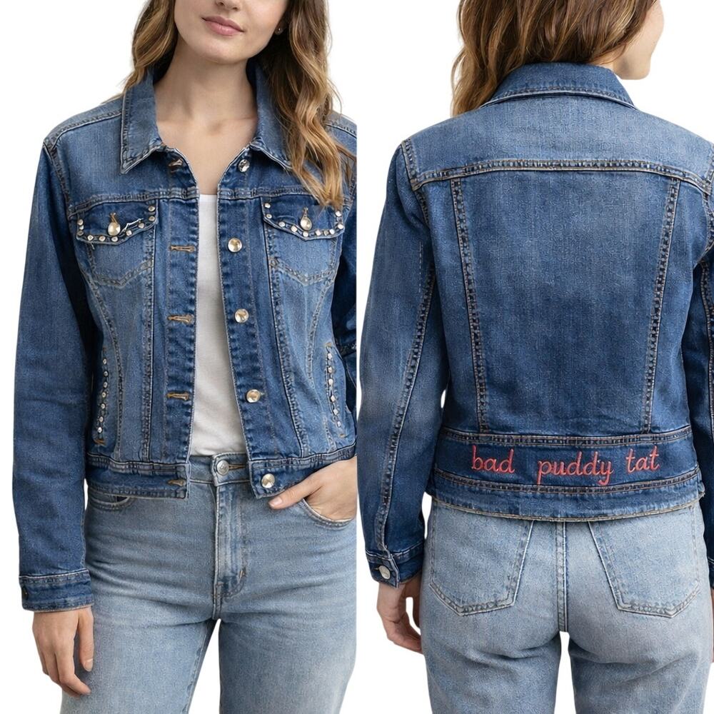 Earl Jean Blue Denim Jacket Large Cropped Rhinestone Embroidered Y2K Custom